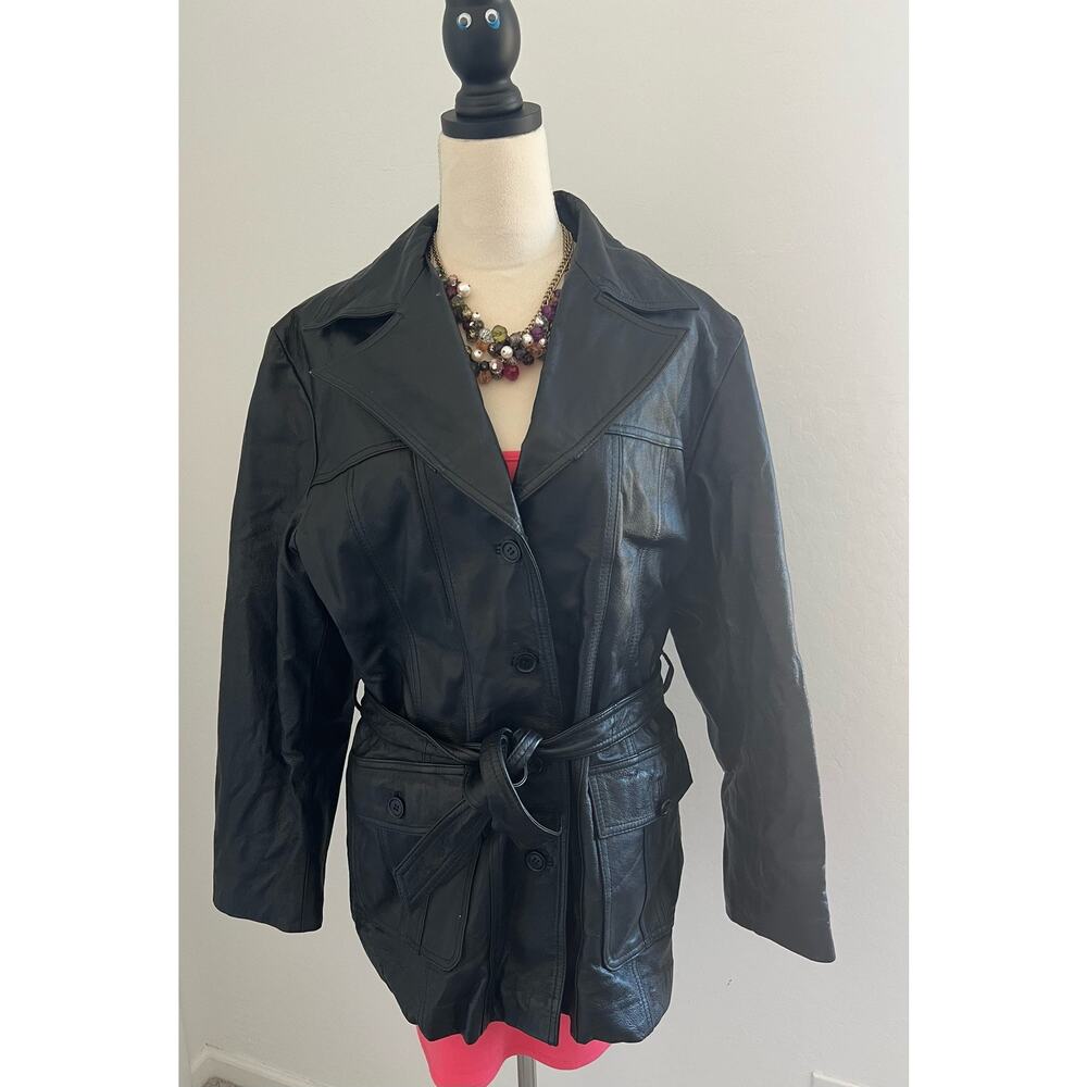NIKO Women’s Italy London‎ USA Genuine Black Leather Tie Waist Jacket Coat L/XL